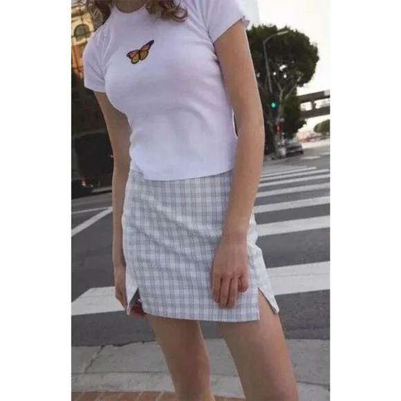 BRANDY MELVILLE Juniors Cute Soft BLUEWHITE PLAID CARA High Rise Mini Skirt - Picture 9 of 15